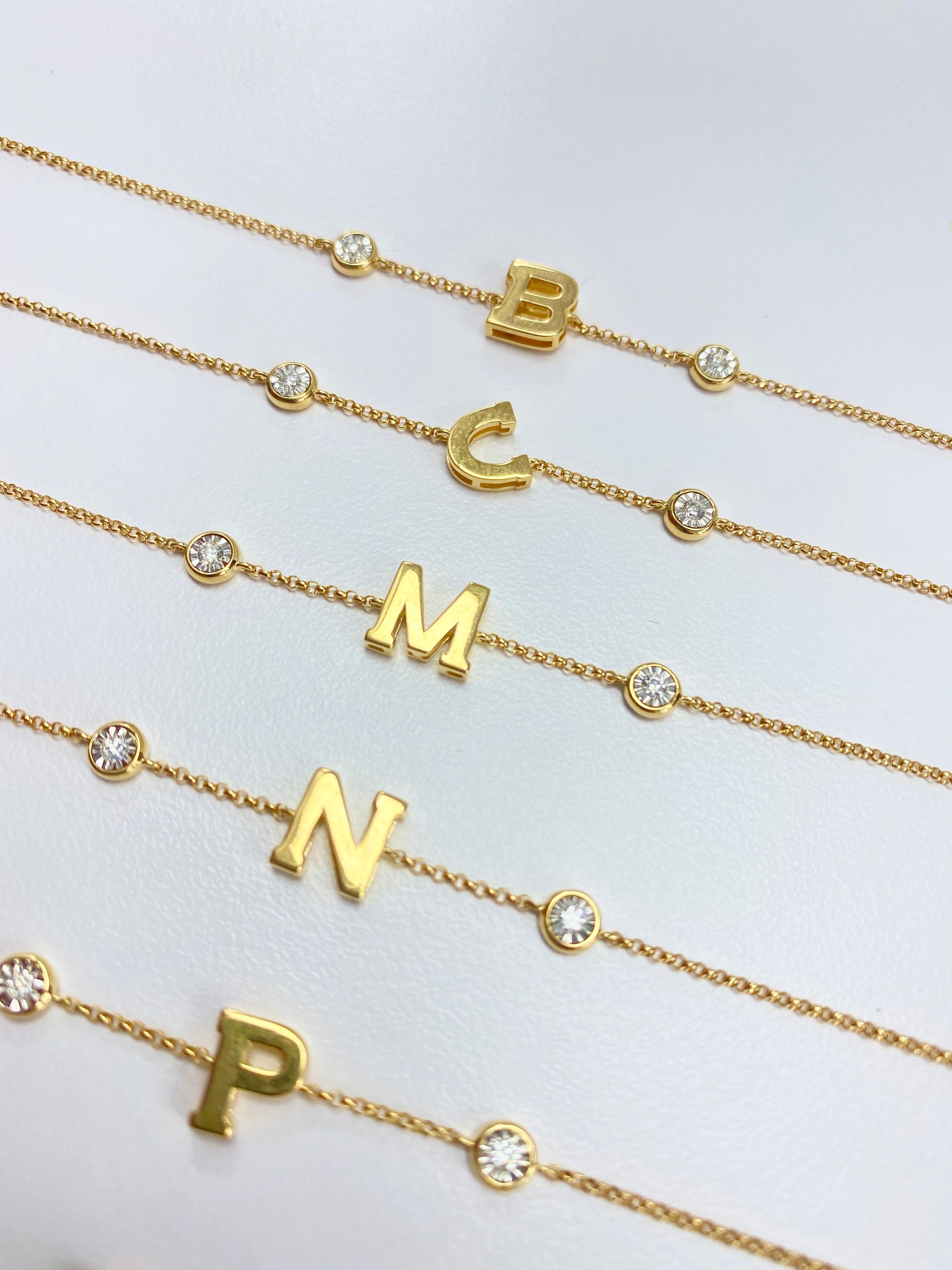 Solid Gold Initial Bracelets with Round Natural Diamonds, Letter Bracelets Gold For Sale 1
