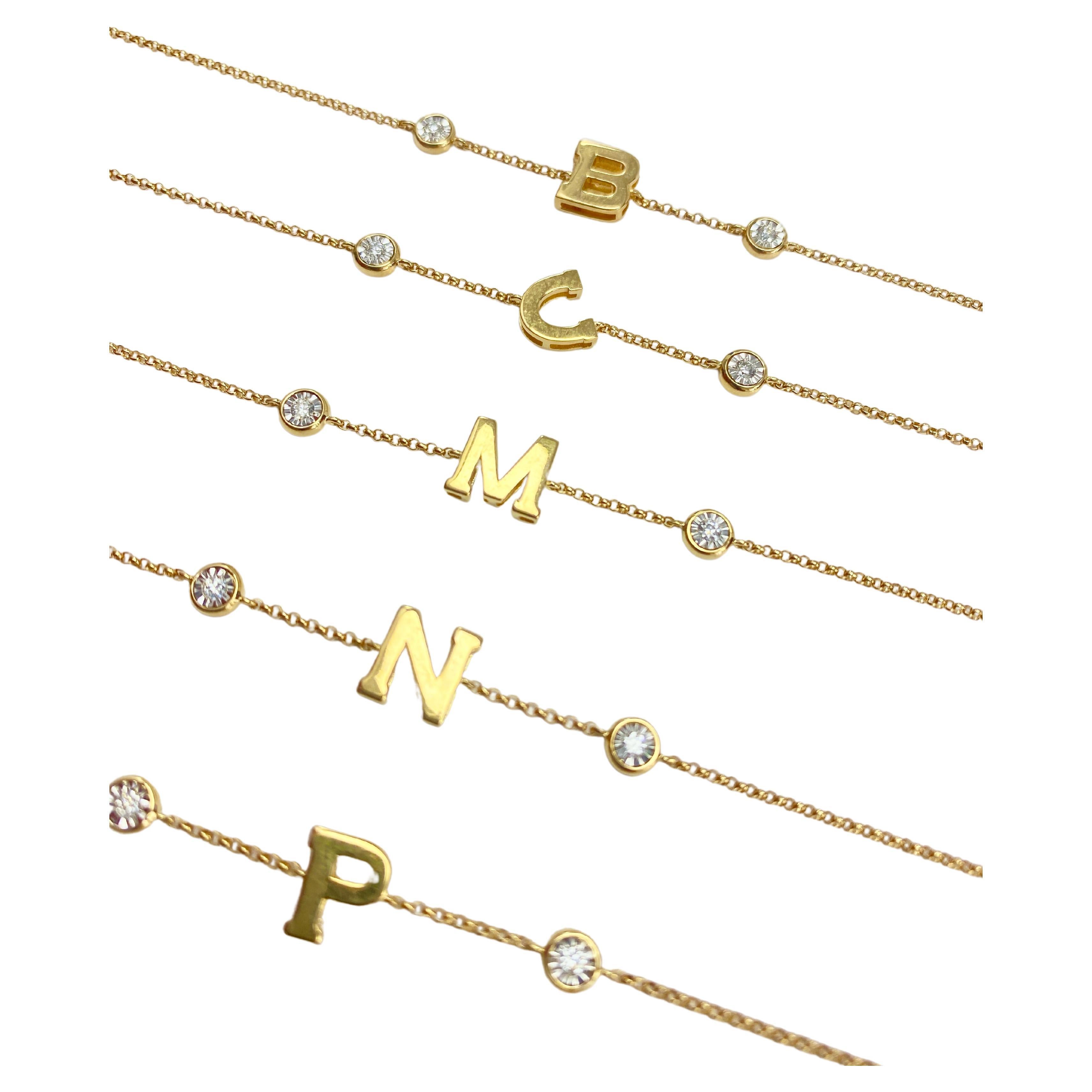 Solid Gold Initial Bracelets with Round Natural Diamonds, Letter Bracelets Gold For Sale