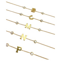 Solid Gold Initial Bracelets with Round Natural Diamonds, Letter Bracelets Gold