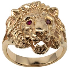 Solid Gold Lion Ring Ruby Eyes, UK Hallmarks - Size 8, Unique Animal Jewelry