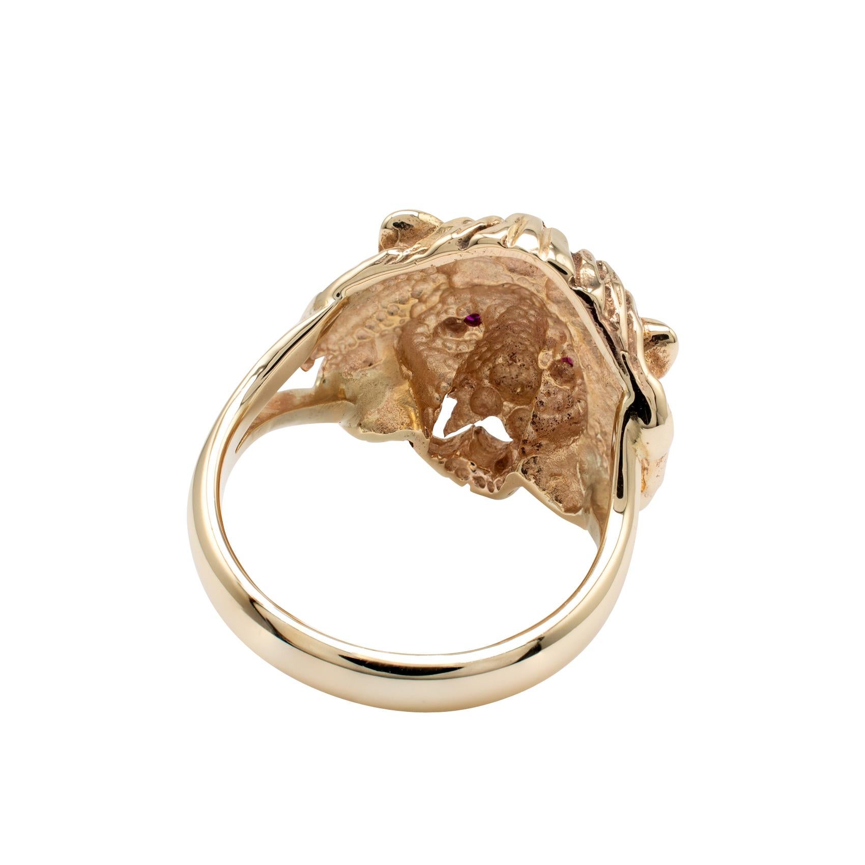 Round Cut Solid Gold Lion Ring Ruby Eyes, UK Hallmarks - Size 8, Unique Animal Jewelry