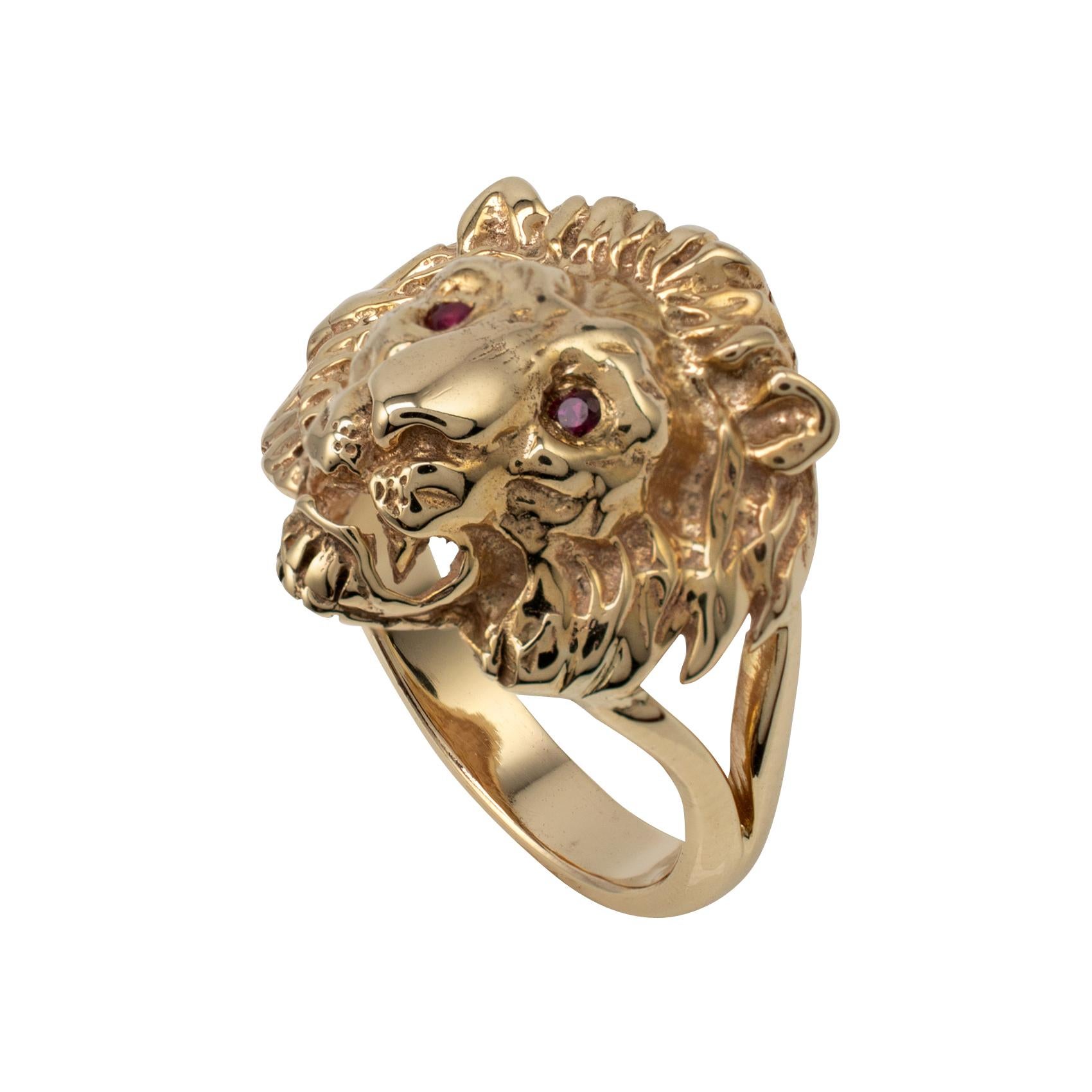 Unisex solid gold roaring lion ring with ruby gemstone set eyes, British Hallmarks 375 9ct gold, crafted realistically with split shoulders for a comfy fit. A unique custom made item offered in new condition.

- Ring size: US size 8  US size P
-
