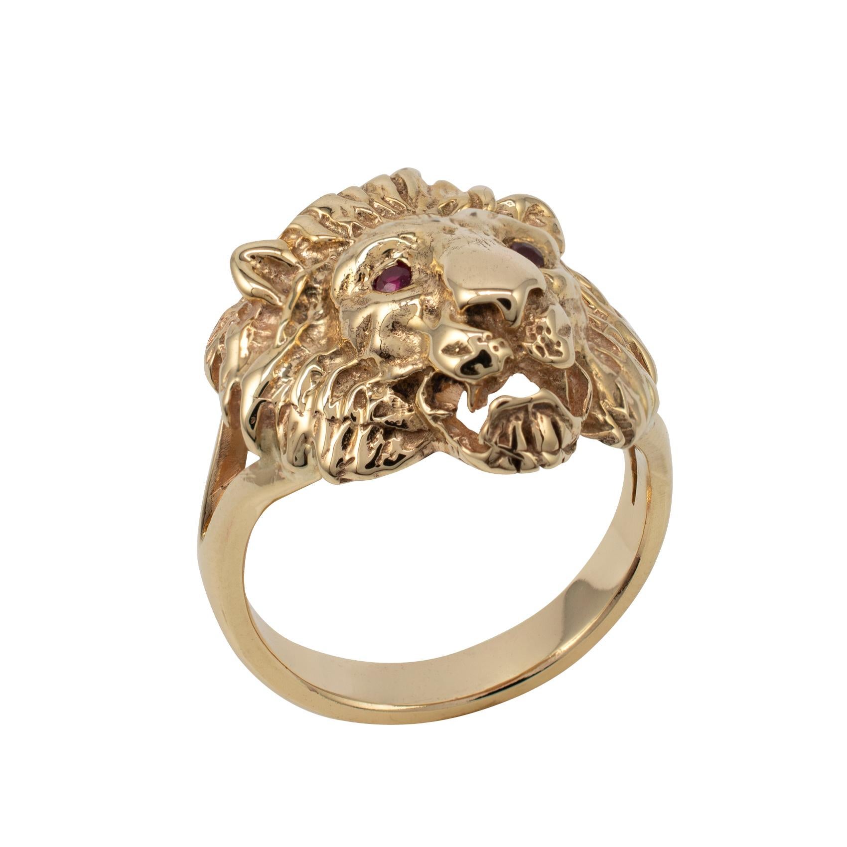 Art Deco Solid Gold Lion Ring Ruby Eyes, UK Hallmarks - Size 8, Unique Animal Jewelry