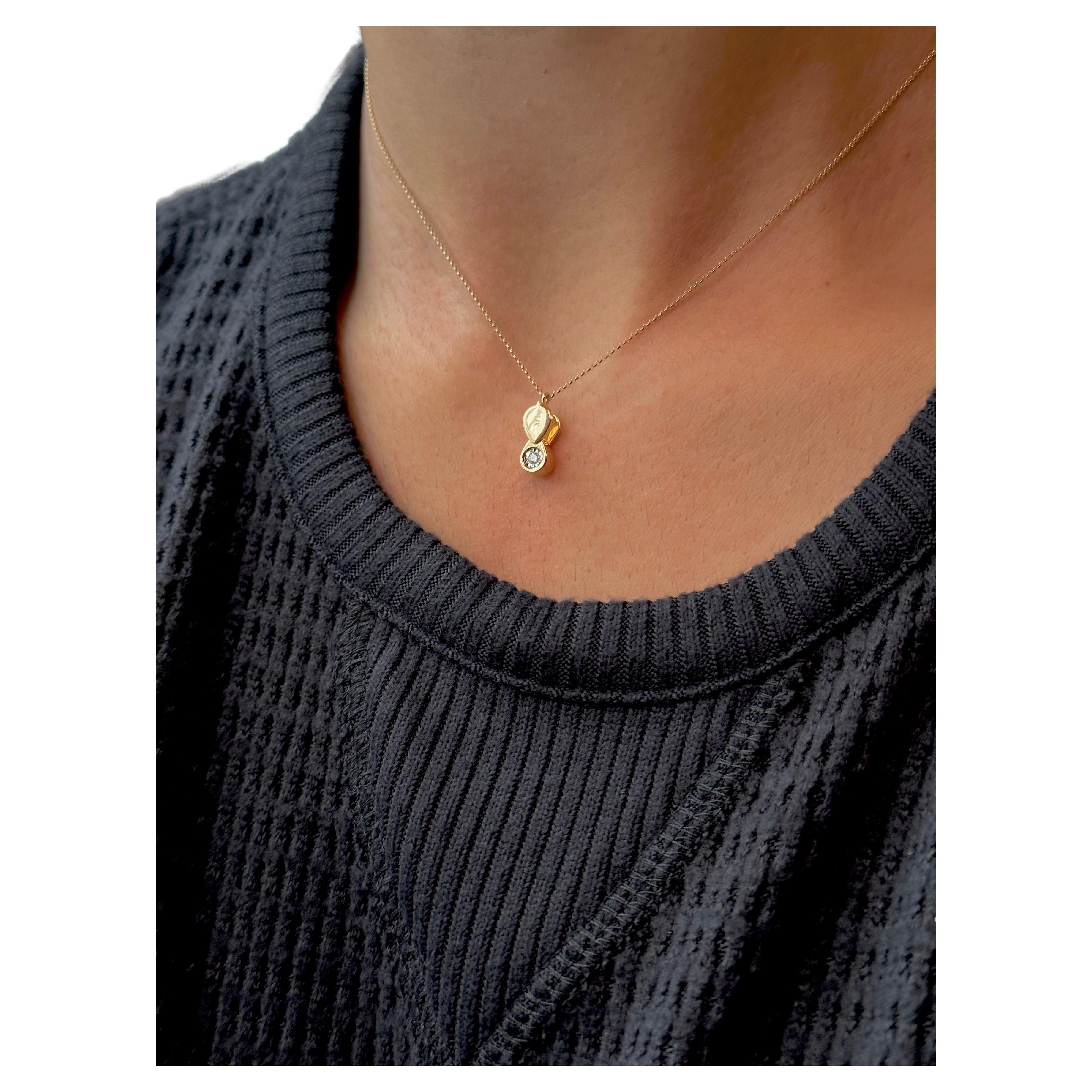 Solid Gold Loupe Necklace with Natural Diamond, Minimalist Charm Necklace 14k For Sale