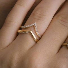 Double Chevron Wishbone Zircon Stackable Ring Solid Gold Maximalist 14 Karat