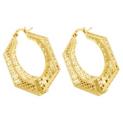 Boucles d'oreilles créoles grandes en or massif 14 carats à bord géométrique 3D, faites à la main