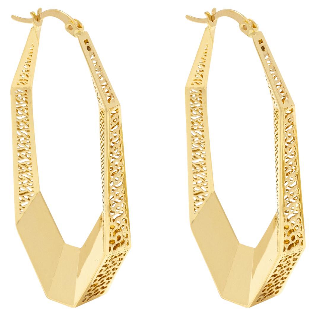 Geometric Golden Flame Hoop Earrings 14 Karat Solid Gold Maximalist Handmade
