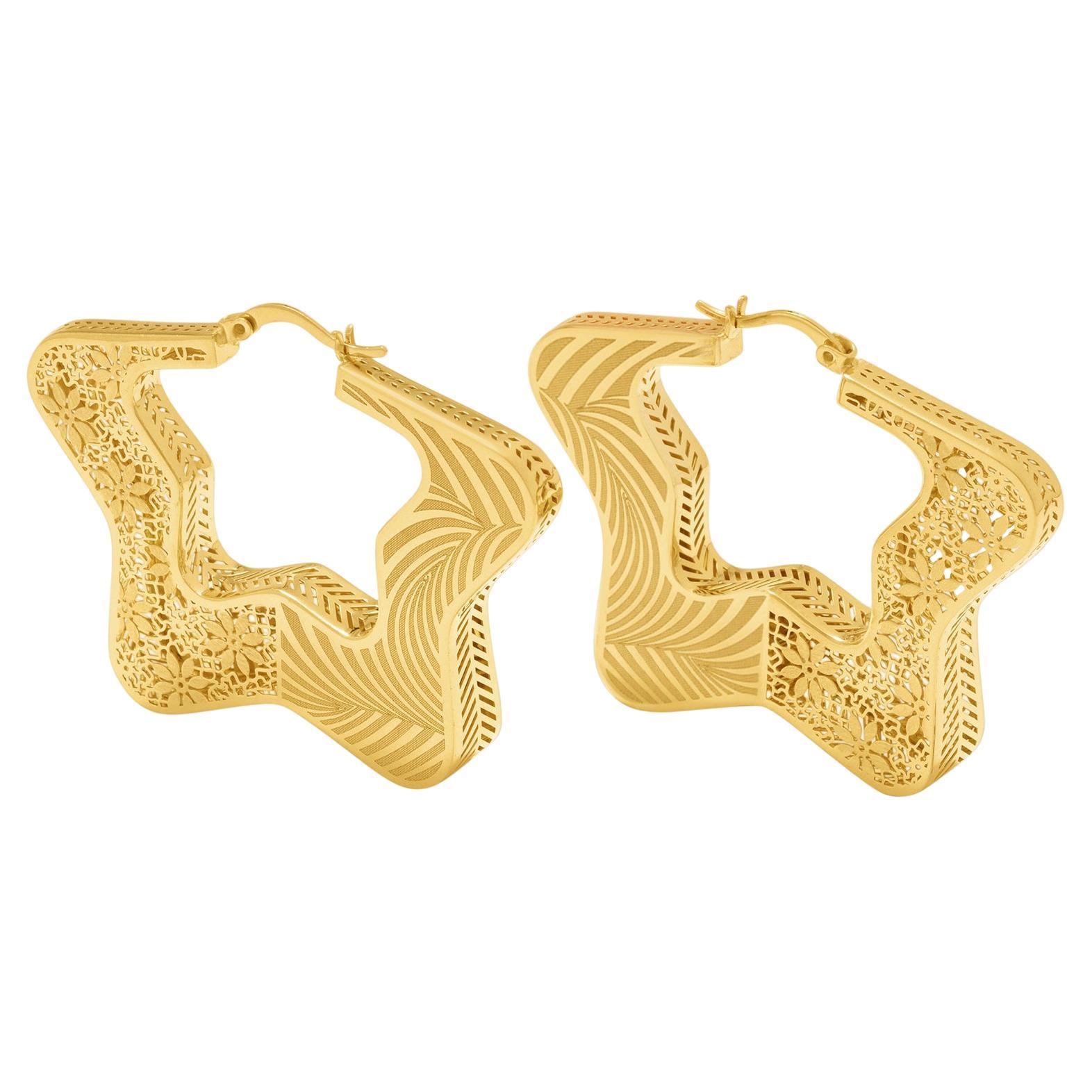 Chunky Big Star Patterned Hoop Earrings 14 Karat Solid Gold Maximalist Handmade