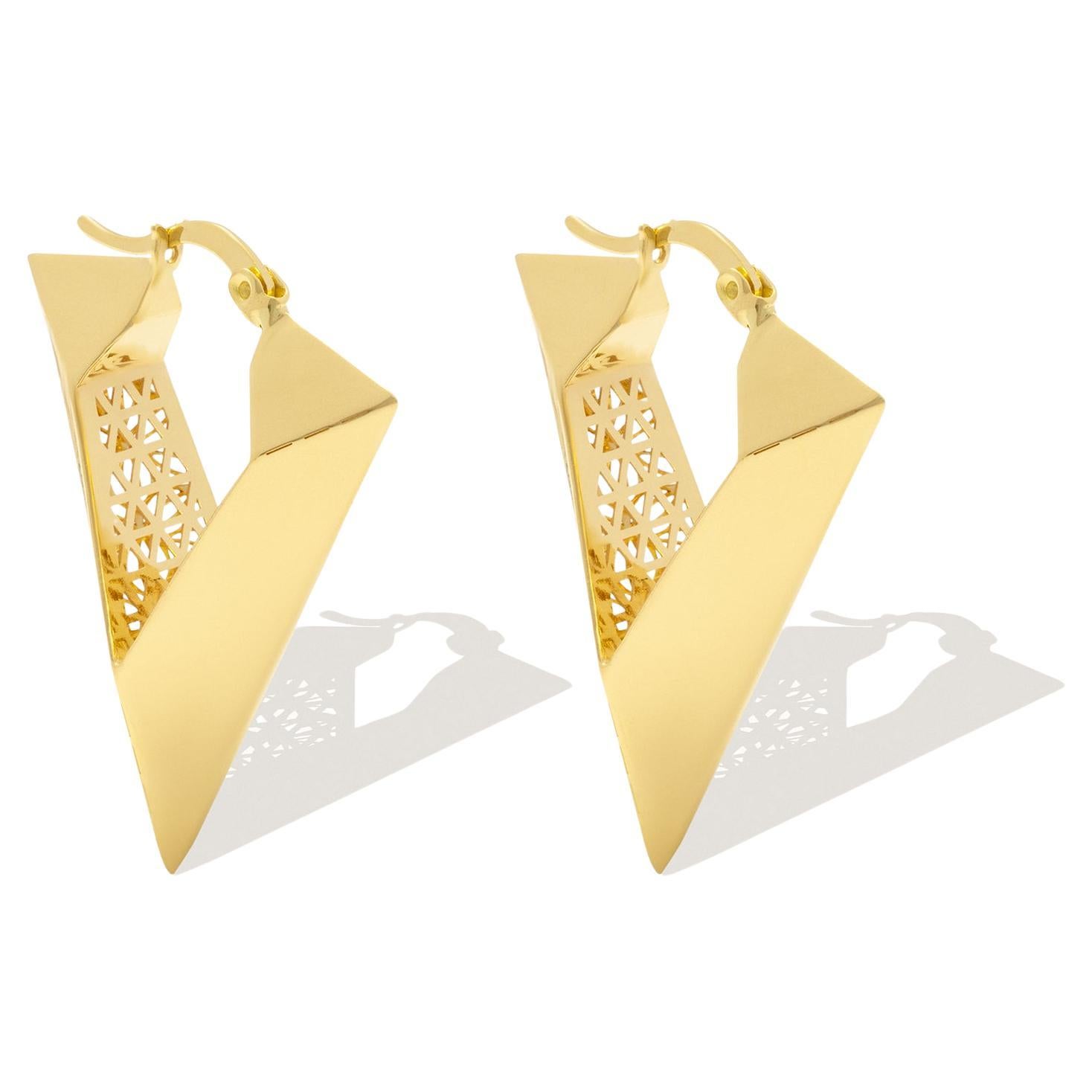 V Shaped Floral Dainty Hoop Earrings 14 Karat Solid Gold Maximalist Handmade