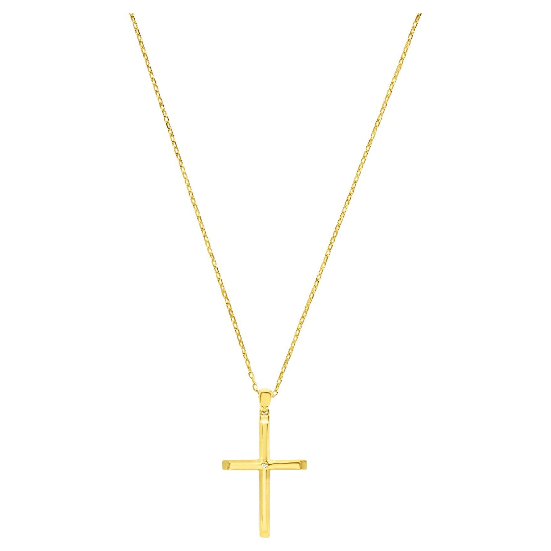 Christian Cross Zircon Pendant Necklace 14 Karat Solid Gold Minimalist Handmade