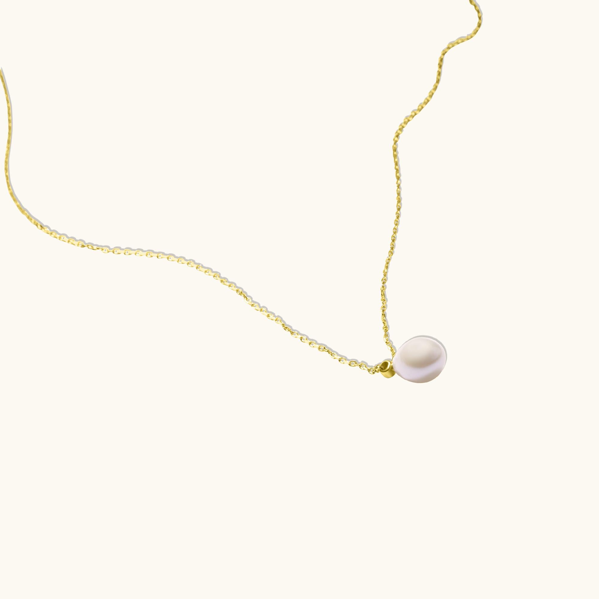 Oval Cut Freshwater Pearl Pendant Necklace 14 Karat Solid Gold Minimalist Handmade For Sale