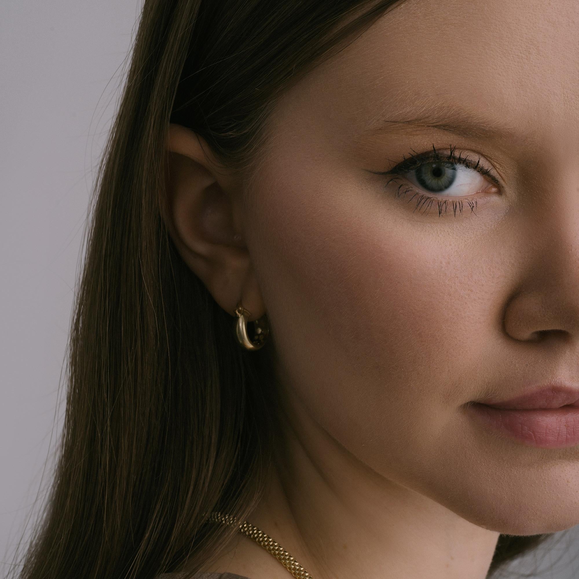 Women's or Men's Huggie Small Hoop Earrings 14 Karat Solid Gold Minimalist Handmade For Sale