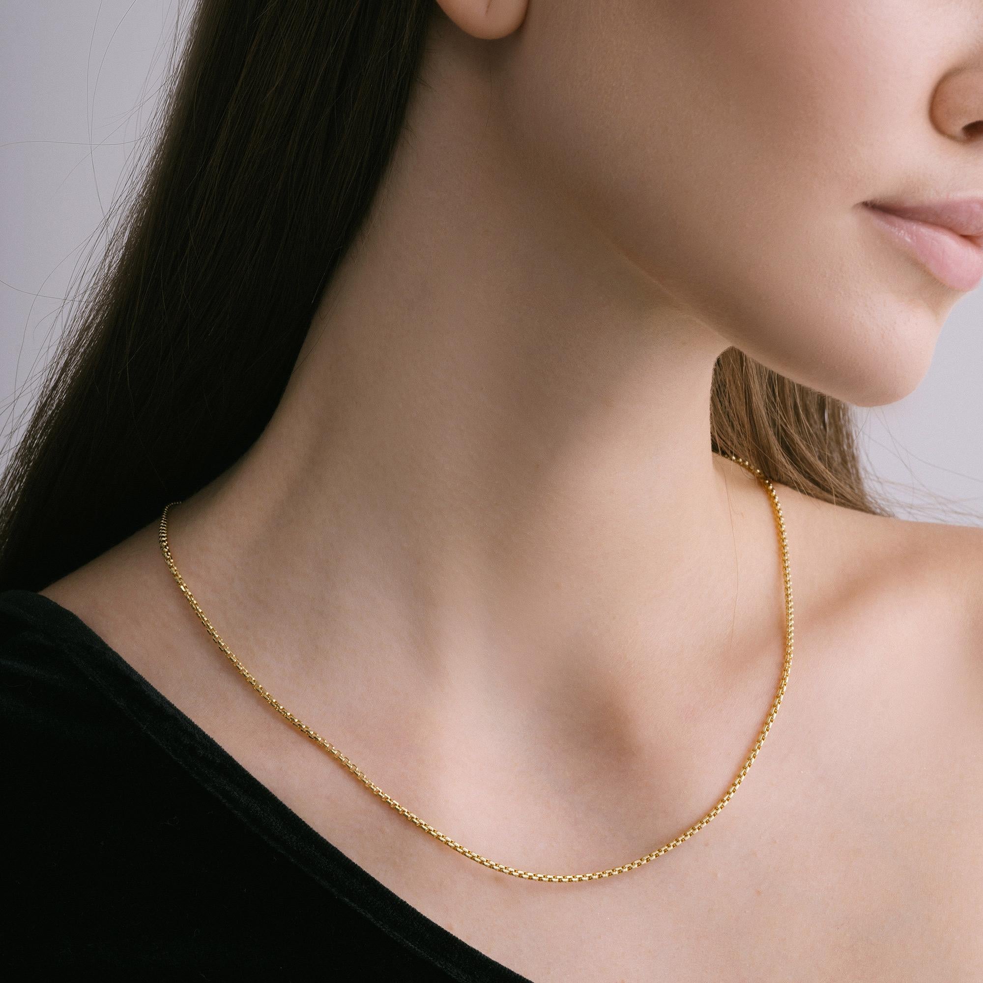 Thin Box Link Chain Necklace Solid Gold Minimalist Handmade 14 Karat For Sale 1