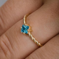 Blue Ocean Zircon Gemstone Stackable Thin Ring Solid Gold Minimalist 14 Karat