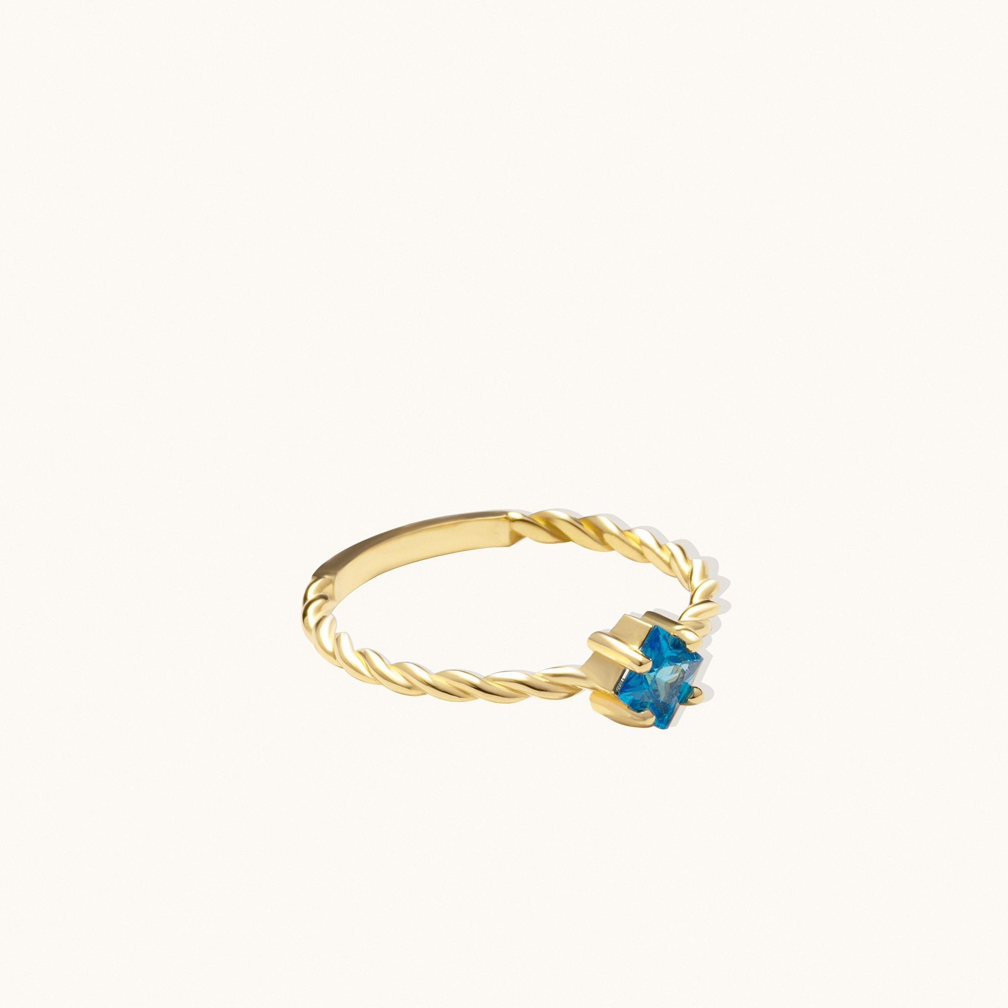 Square Cut Blue Ocean Zircon Gemstone Stackable Thin Ring Solid Gold Minimalist 14 Karat For Sale