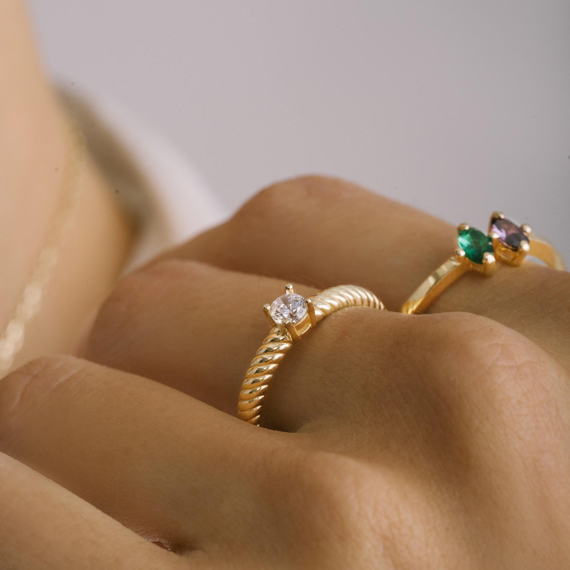 Duo Birthstone Zircon Gemstone Stackable Ring Solid Gold Minimalist 14 Karat In New Condition For Sale In Patchogue, NY