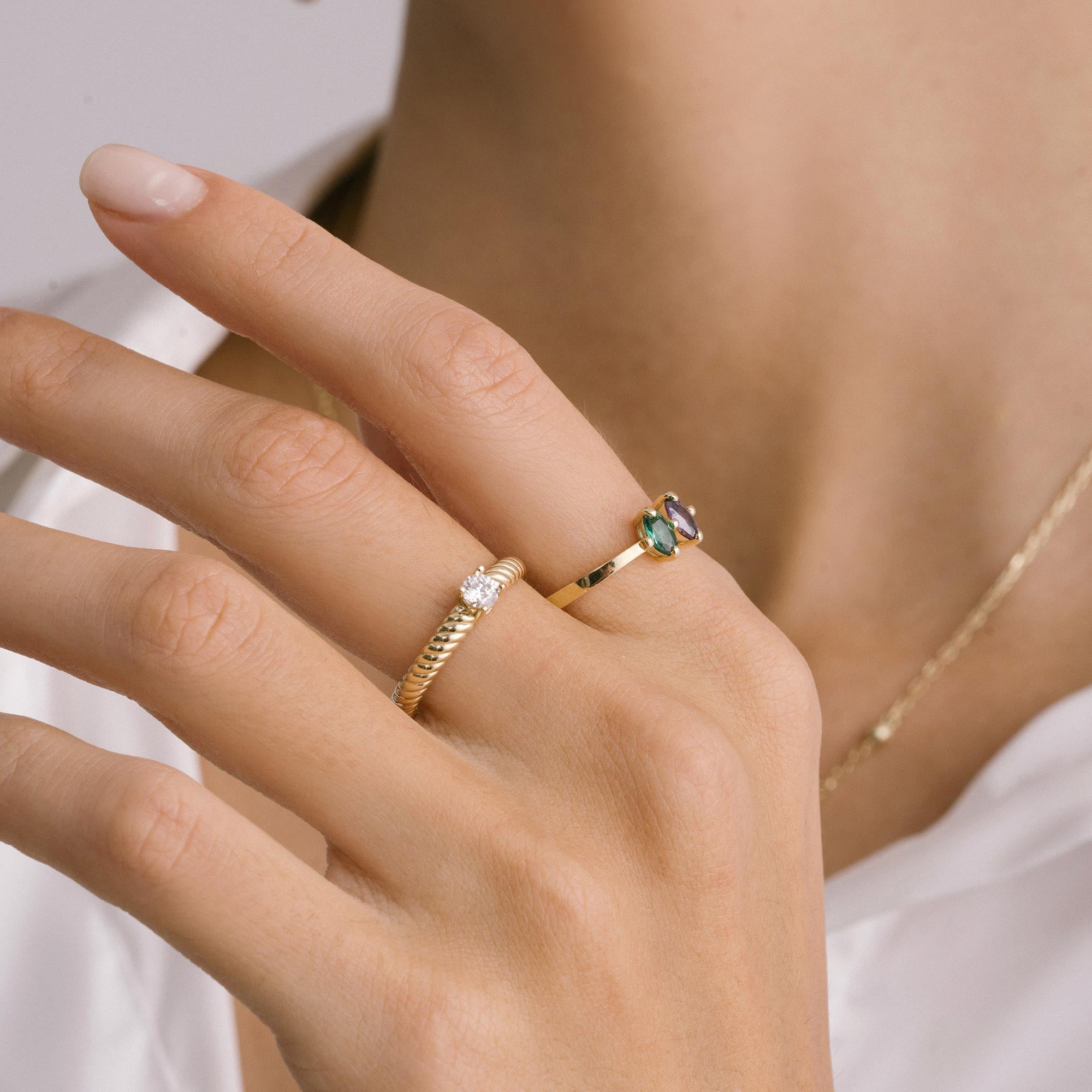 Women's or Men's Duo Birthstone Zircon Gemstone Stackable Ring Solid Gold Minimalist 14 Karat For Sale
