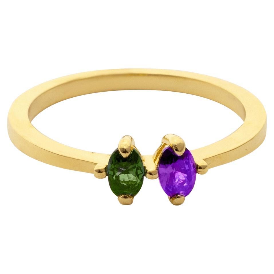 Duo Birthstone Zircon Gemstone Stackable Ring Solid Gold Minimalist 14 Karat For Sale
