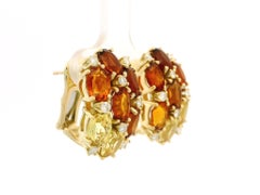 Solid Gold Multi Color Shade Citrine Quartz Diamond Cluster Huggie Drop Earrings