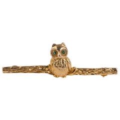 Solid Gold Owl Bar Brooch Emerald Eyes Retro London Assay Hallmarks