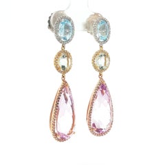 Solid Gold Pastel Colors Amethyst Blue Topaz & Diamond Long Dangle Earrings