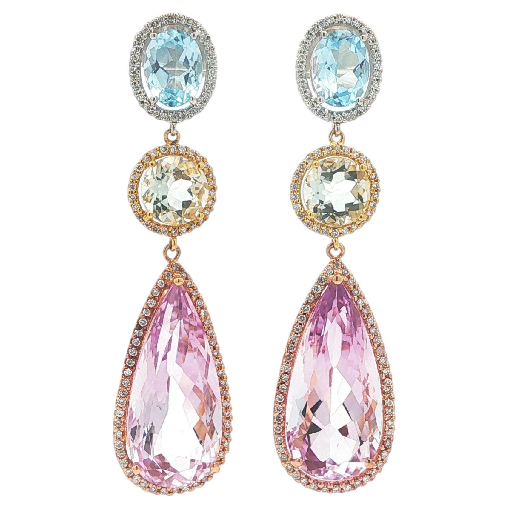 Solid Gold Pastel Colors Amethyst Blue Topaz & Diamond Long Dangle Earrings