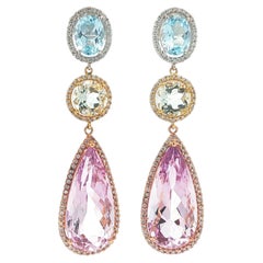 Solid Gold Pastel Colors Amethyst Blue Topaz & Diamond Long Dangle Earrings