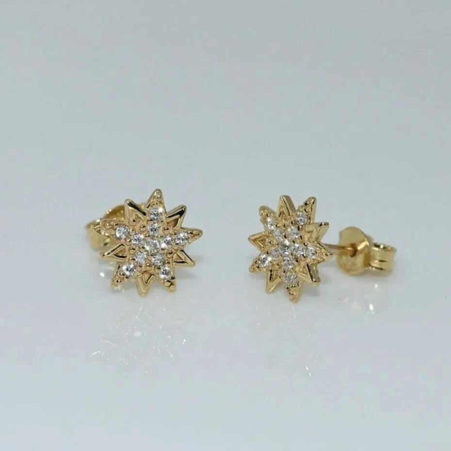 Art Deco Solid Gold Starburst Earrings 14K Solid Gold Dainty Star Earring Handmade Studs. For Sale