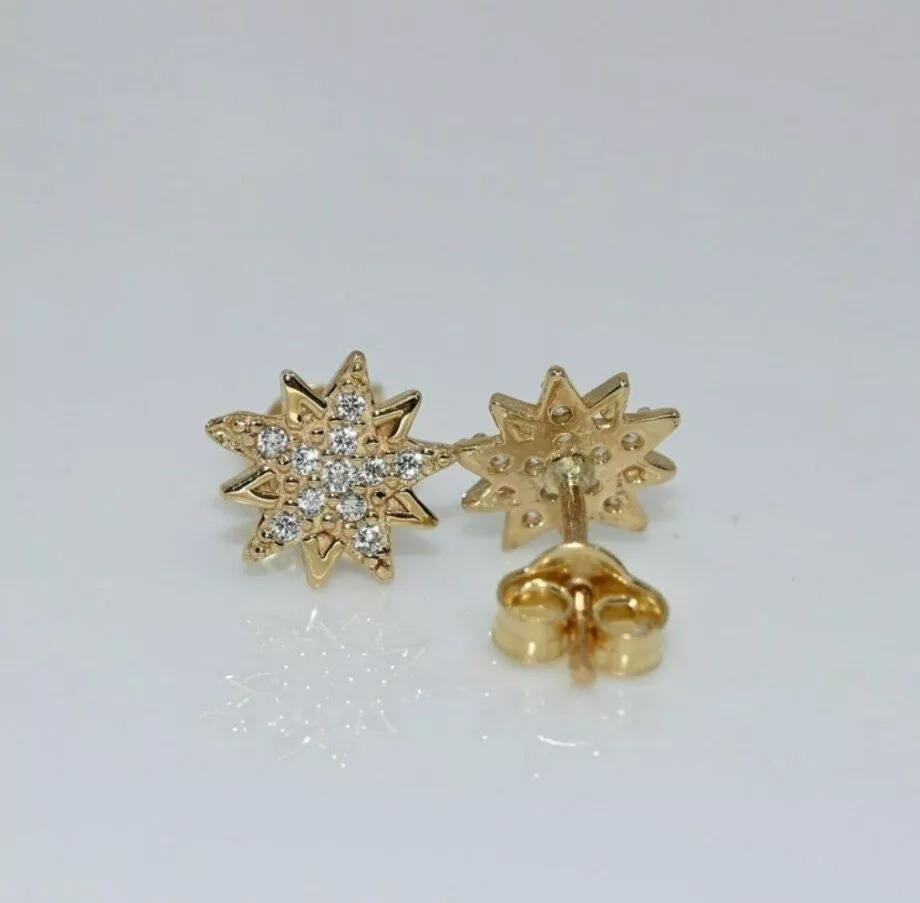 Solid Gold Starburst Earrings 14K Solid Gold Dainty Star Earring Handmade Studs. For Sale 1