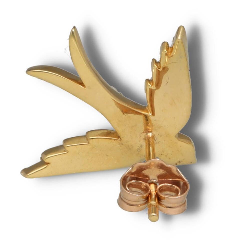 Solid Gold Swallow Bird Single Stud Earrings, 14K Gold Pearl Bird Earring For Sale 1