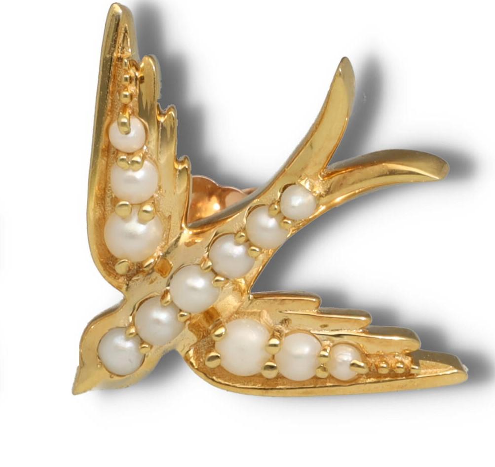 Women's or Men's Solid Gold Swallow Bird Single Stud Earrings, 14K Gold Pearl Bird Earring For Sale