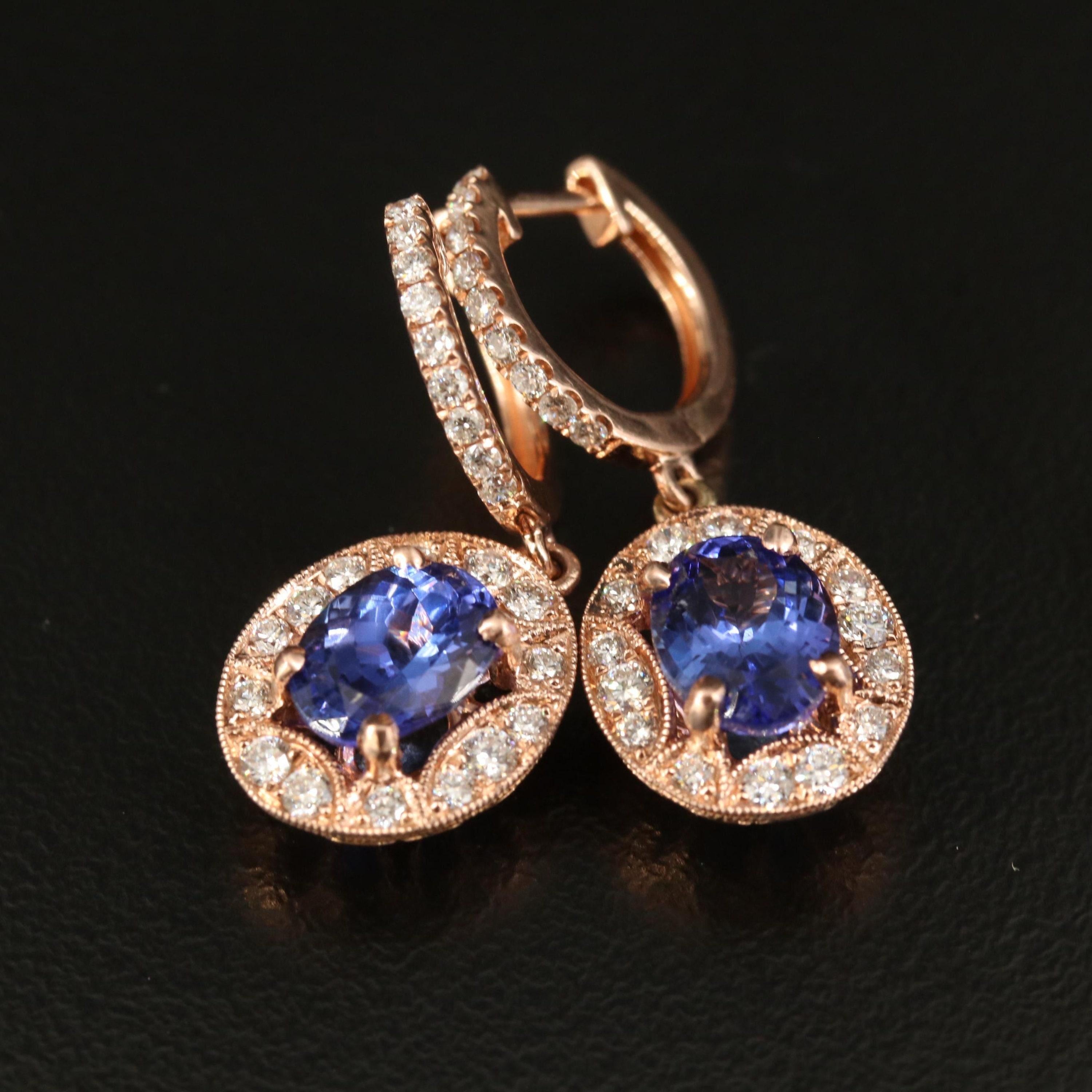 Ohrhänger aus massivem Gold mit Tansanit und Diamanten, geschliffene Ohrringe für ihr Damen im Angebot