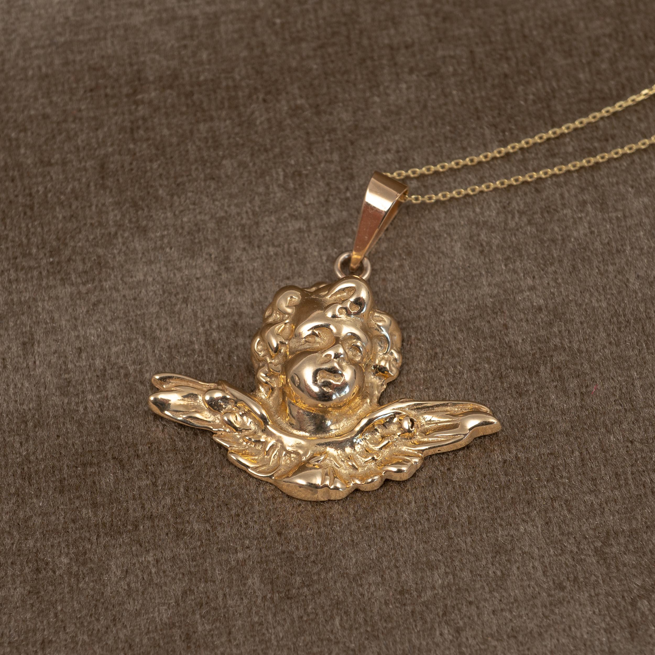 Art Nouveau Solid Gold Winged Cherub Pendant Necklace, Mythological & Religious Jewelry