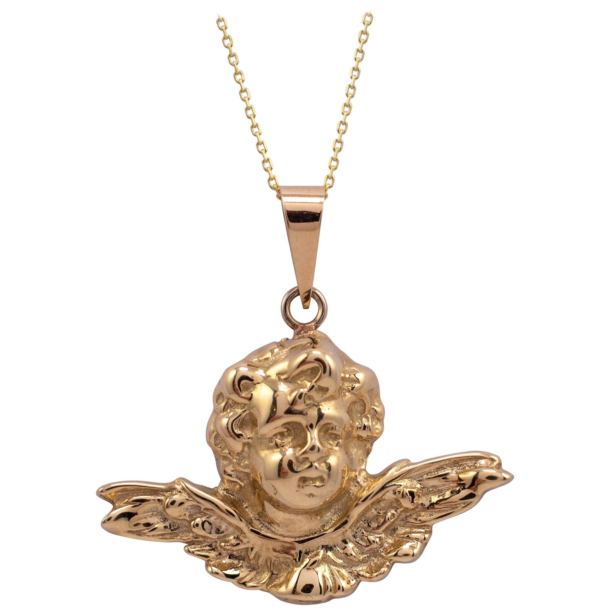 Solid Gold Winged Cherub Pendant Necklace, Mythological & Religious Jewelry
