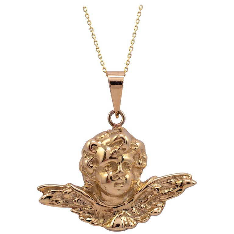 Solid Gold Winged Cherub Pendant Necklace, Mythological and Religious
