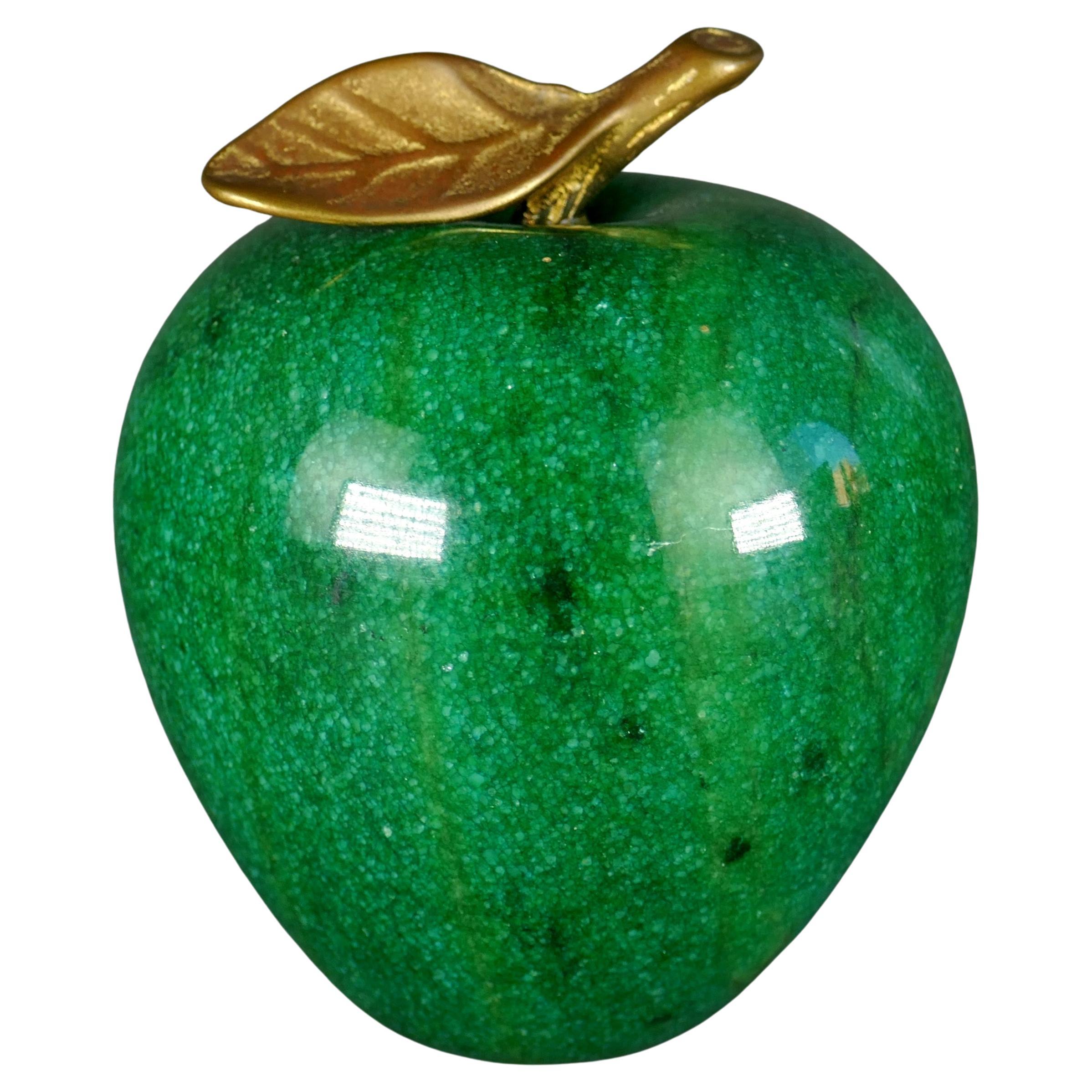 Solid Green Marble Apple Desk Sculpture Paperweight Object Brass Leaf