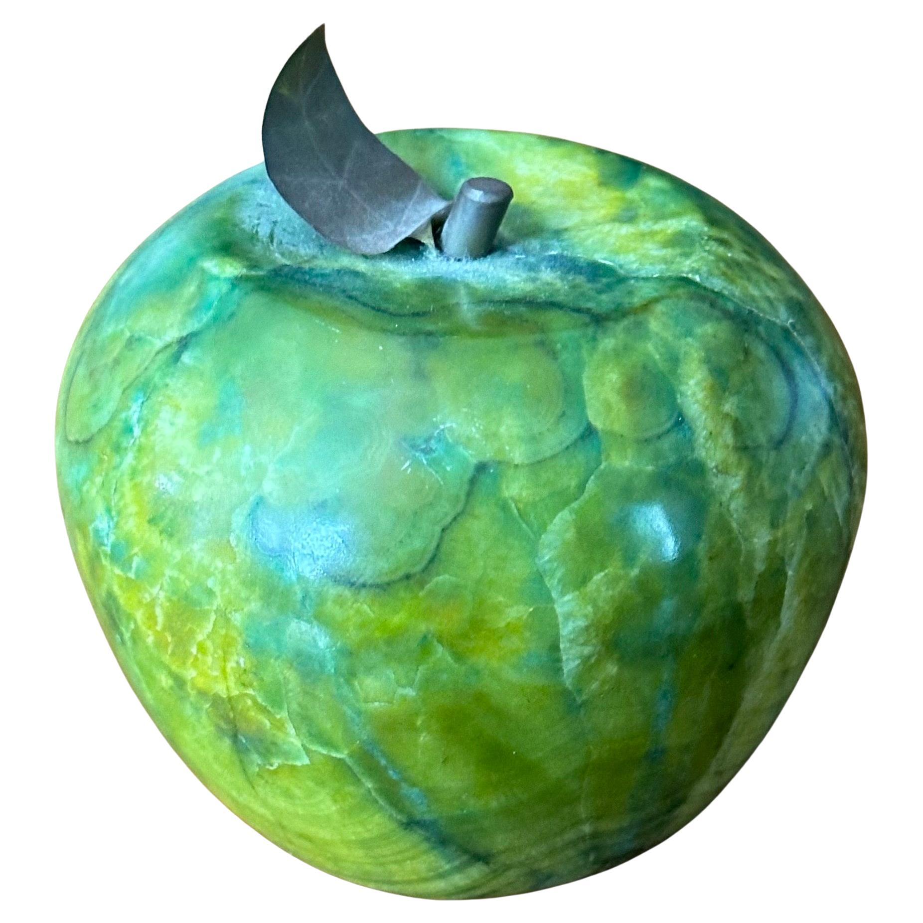 Solid Green Marble Apple Paperweight with Brass Stem