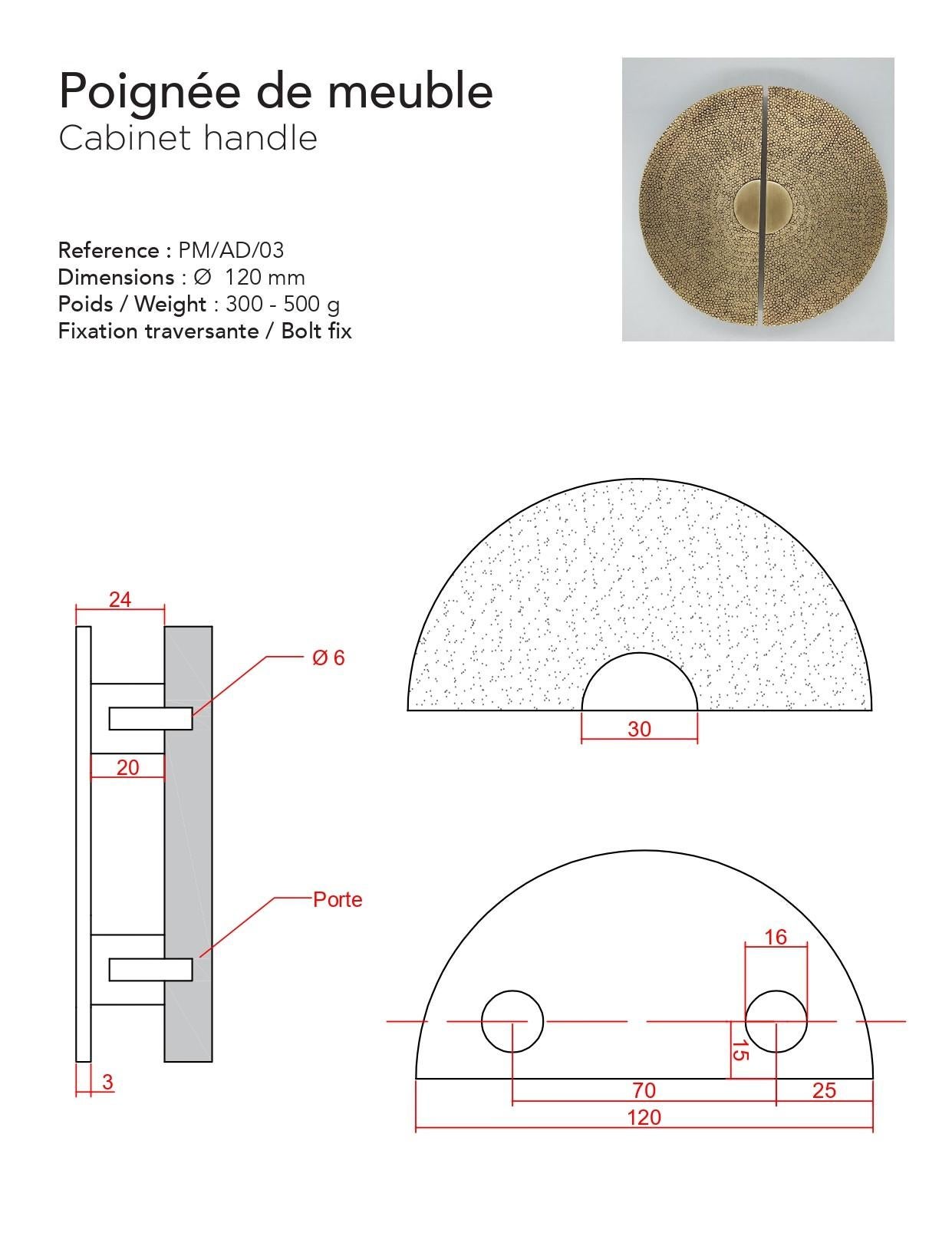 XXI secolo e contemporaneo Tirante per mobile in ottone massiccio martellato  Ø12 cm Collezione Art Déco in vendita