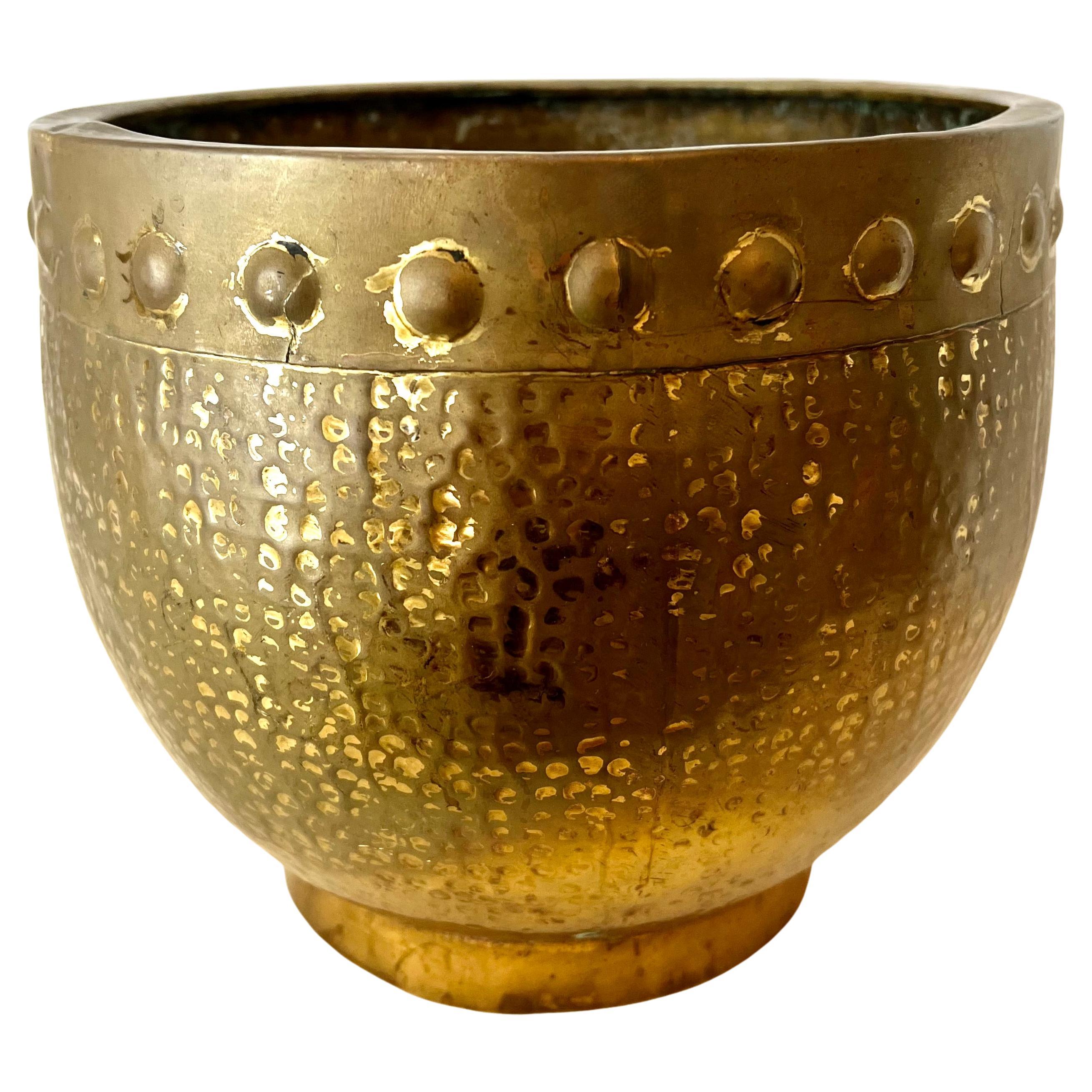 Solid Hammered Brass Cachepot Jardiniere Planter with Rim Details For Sale