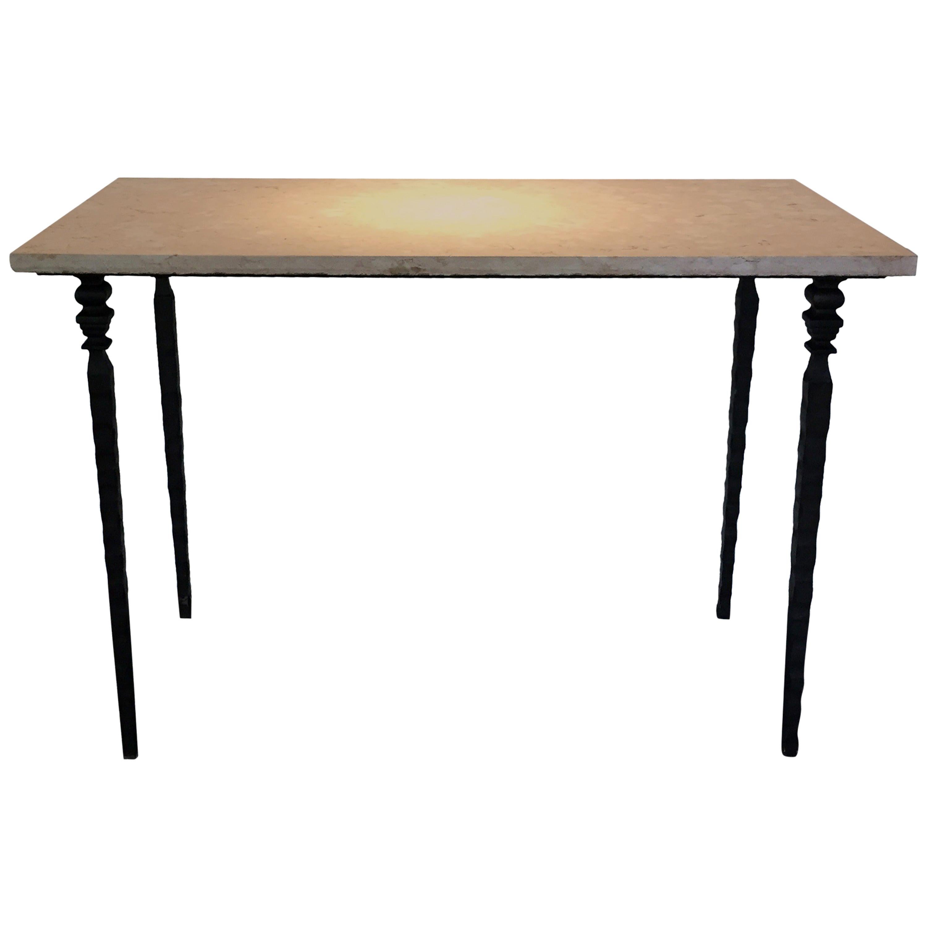 Solid Hammered Iron and Pink Marble-Top Console
