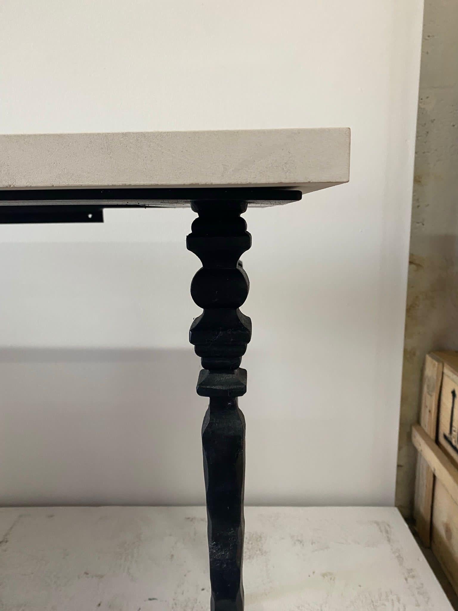 Brutalist Solid Hammered Iron Console w/ Limestone Top For Sale