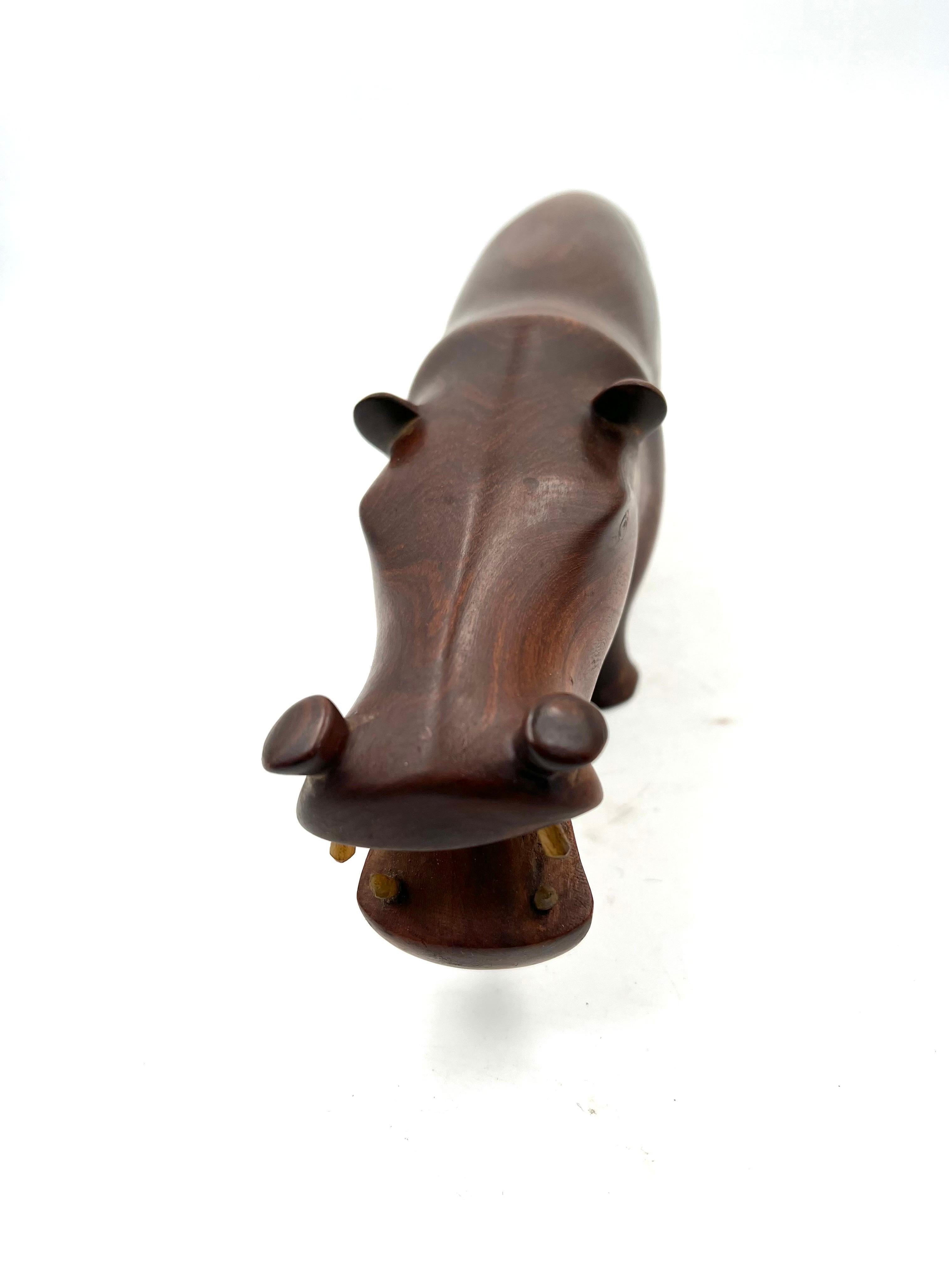 Solid Hand Carved Rosewood African Hippo Sculpture with Bone Teeth In Excellent Condition For Sale In San Diego, CA