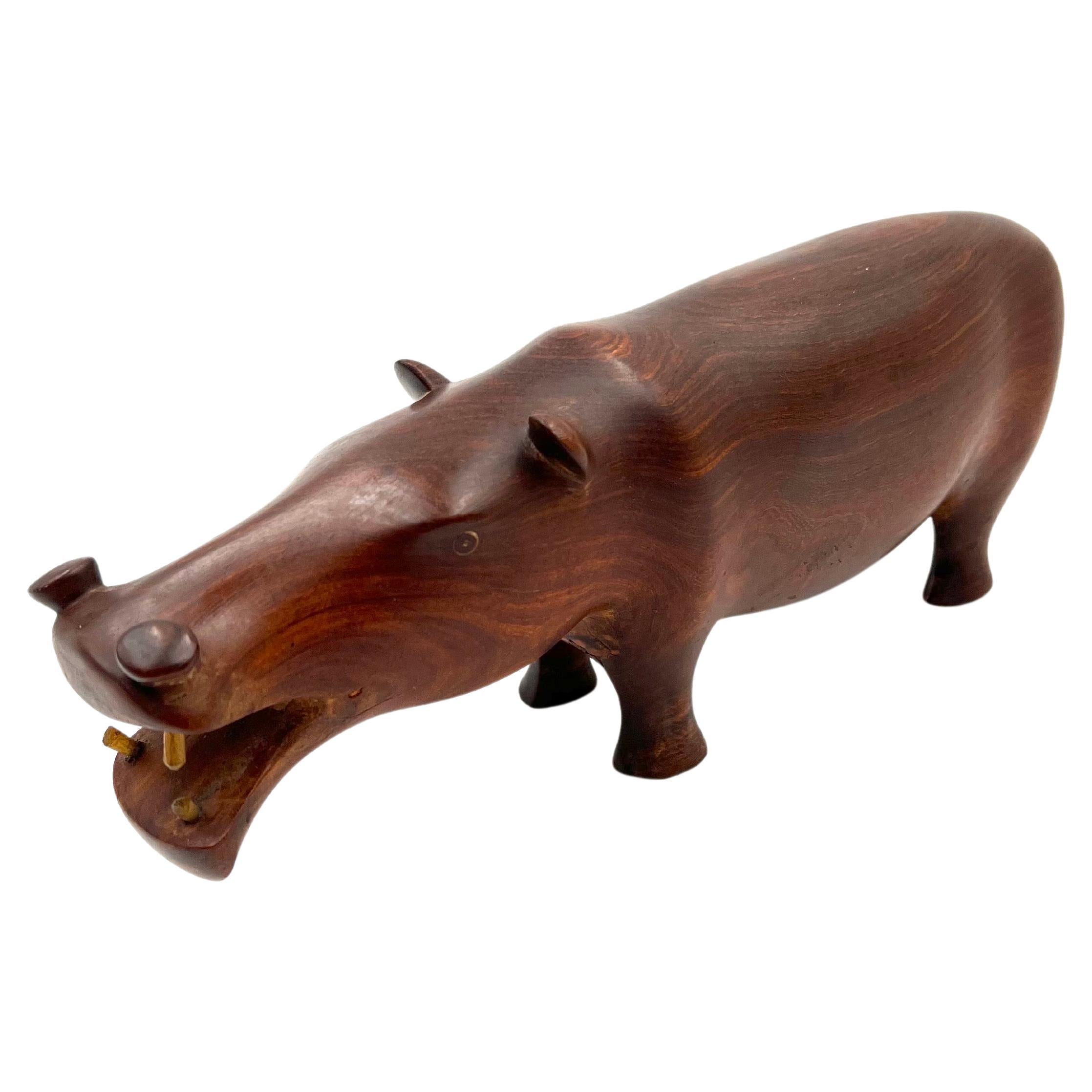 Solid Hand Carved Rosewood African Hippo Sculpture with Bone Teeth For Sale