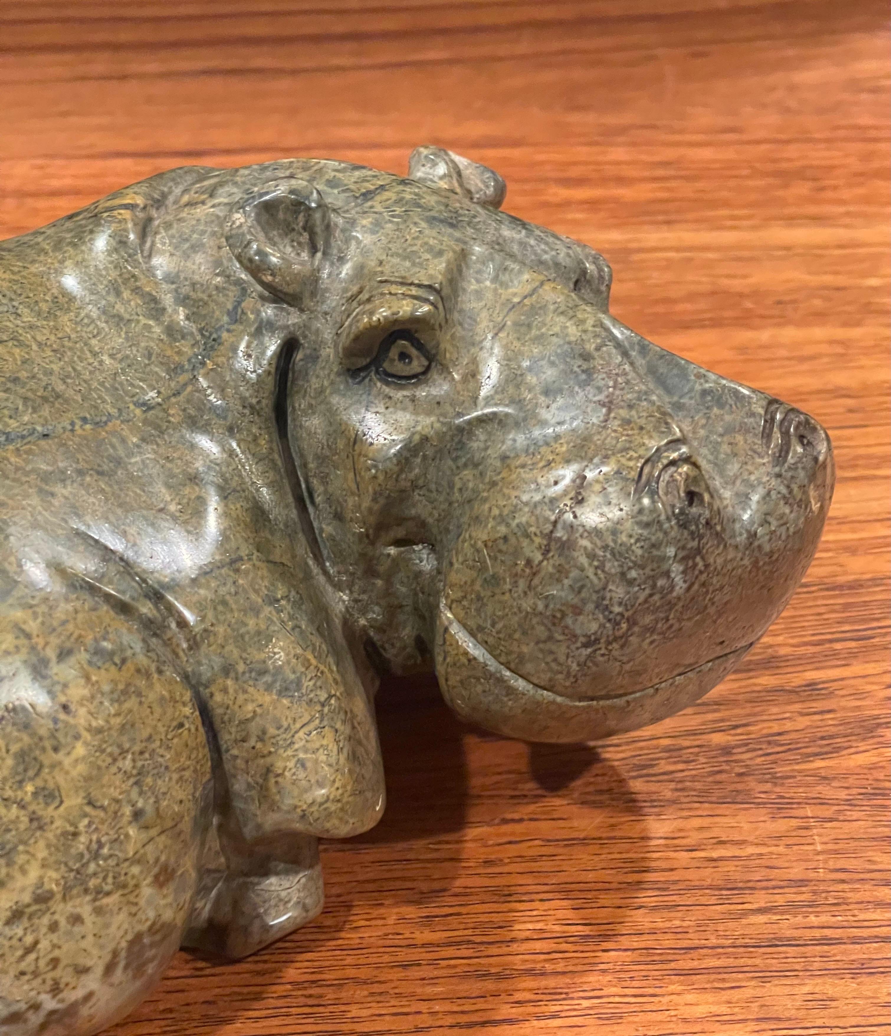 Stone Solid Hand Carved Verdite African Hippopotamus Sculpture For Sale