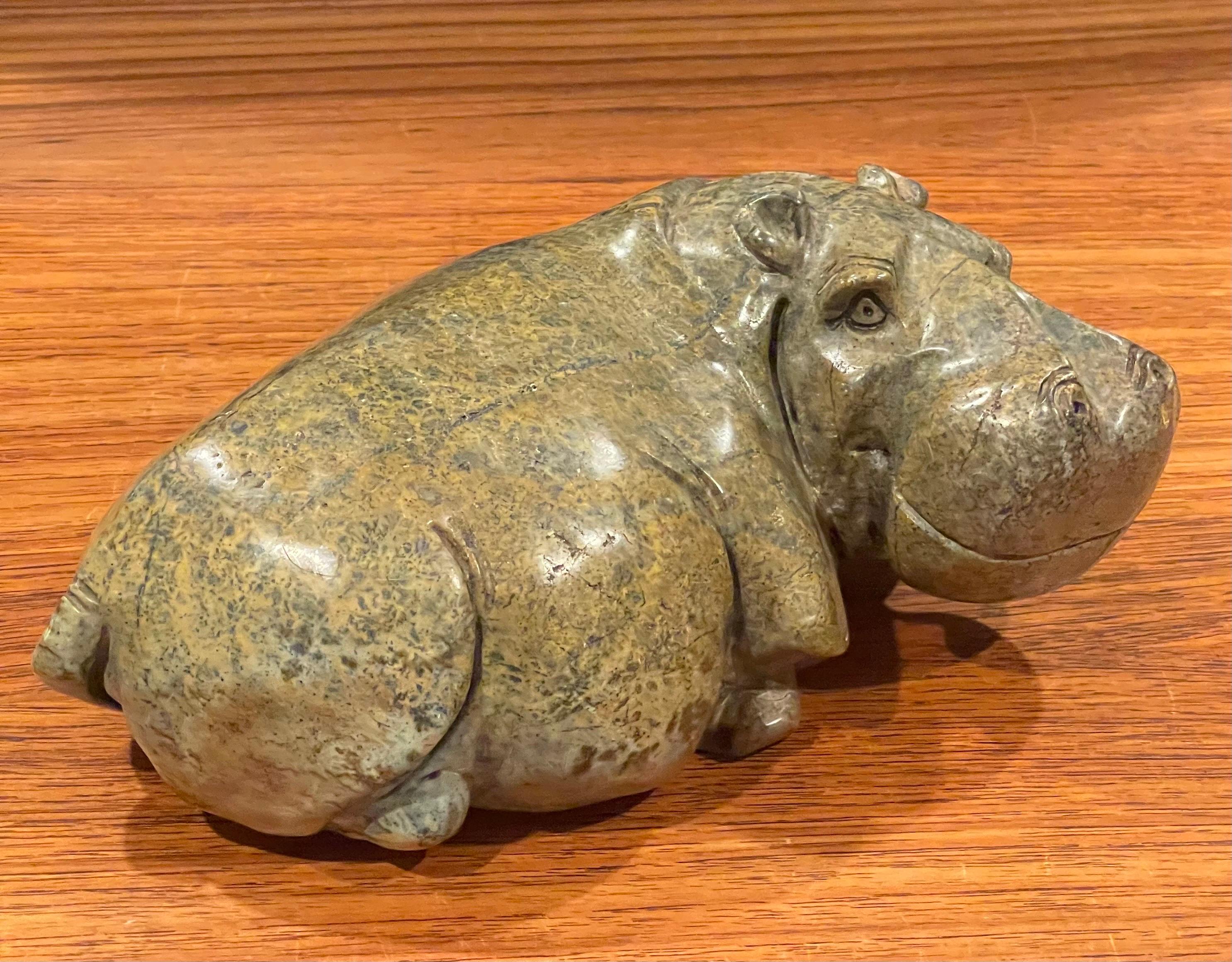 Solid Hand Carved Verdite African Hippopotamus Sculpture For Sale 1