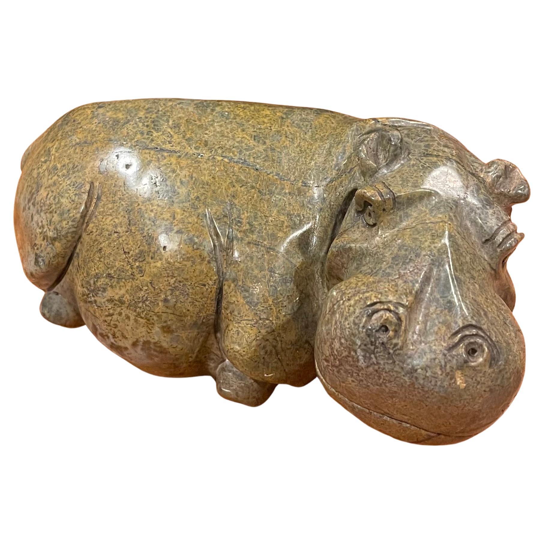 Solid Hand Carved Verdite African Hippopotamus Sculpture For Sale