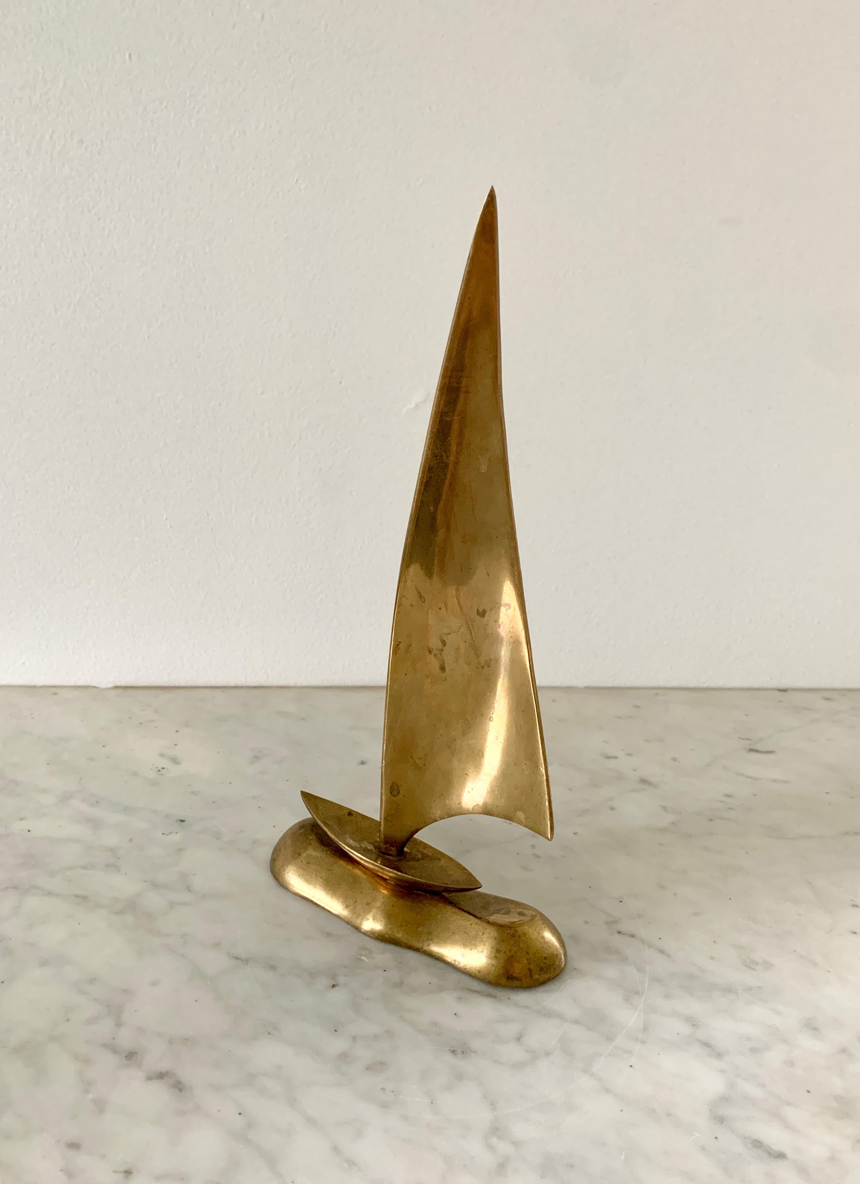 Mid-20th Century Solid Hand Cast Brass Sailboat