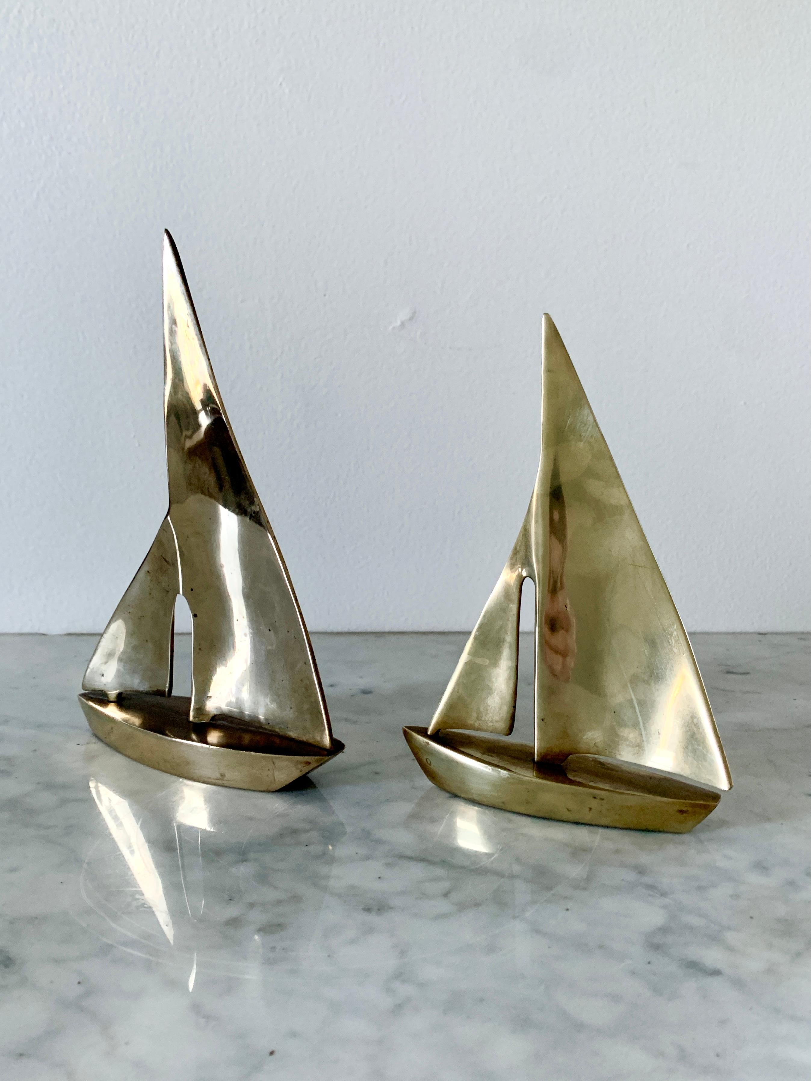 20th Century Solid Hand Cast Brass Sailboats, a Pair