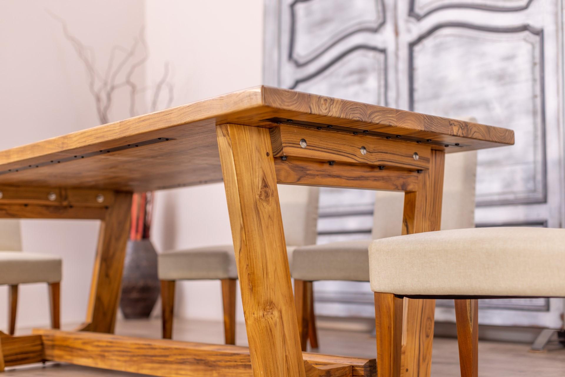 Hand-Crafted Solid Hardwood Contemporary Trestle Dining Table in a Smooth Natural Teak Finish For Sale