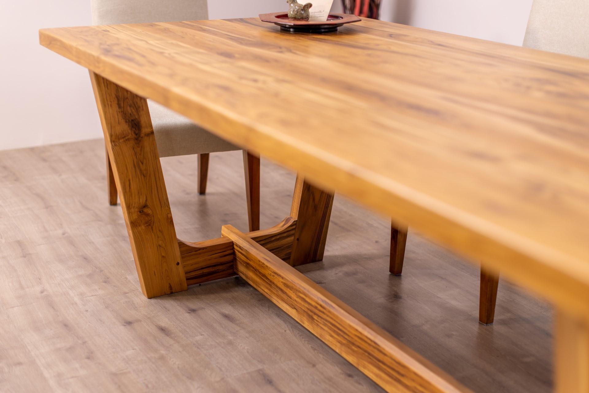 Solid Hardwood Contemporary Trestle Dining Table in a Smooth Natural Teak Finish For Sale 1